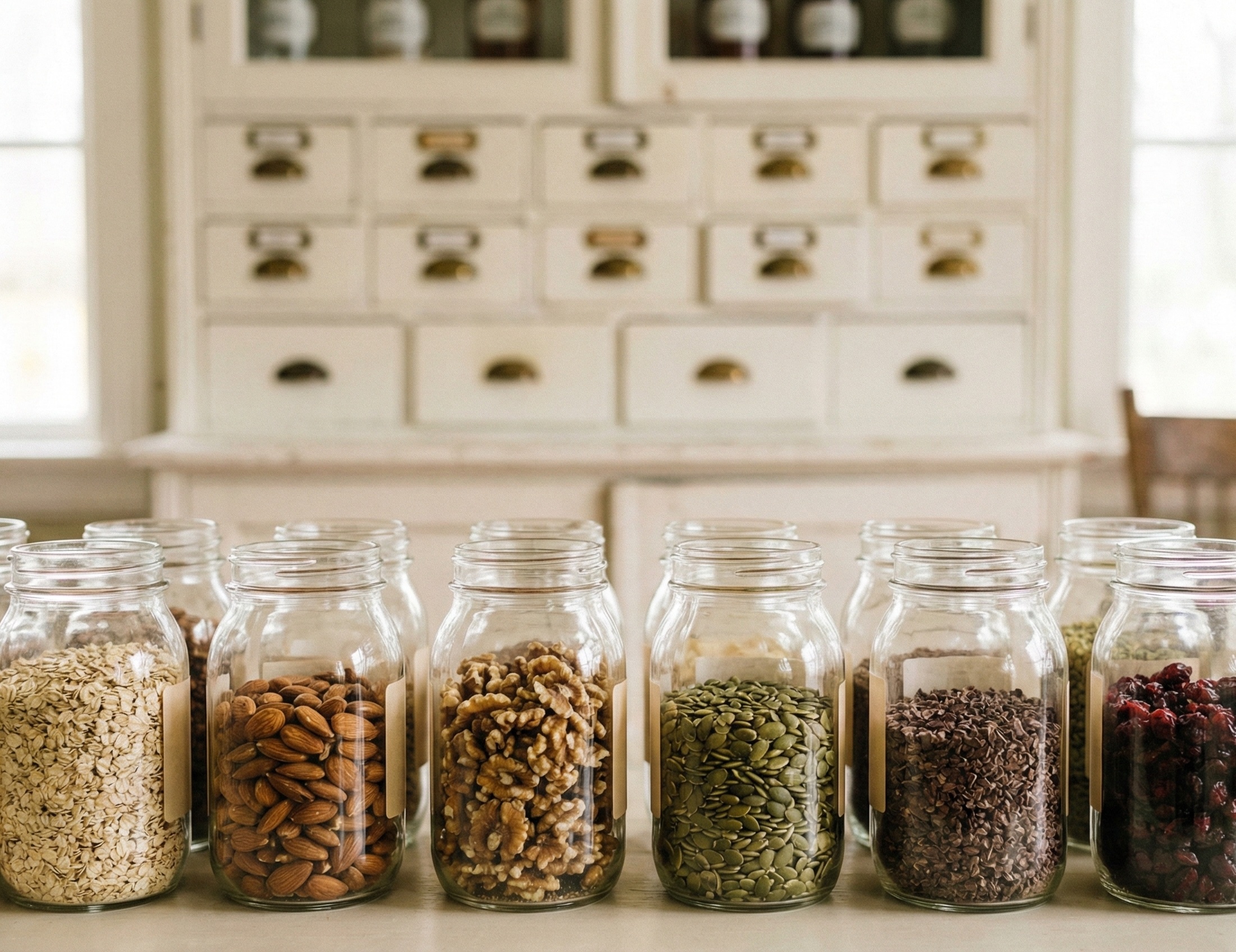 透明なガラスジャーに入ったオーツやナッツ、ドライフルーツが整然と並ぶビジュアル