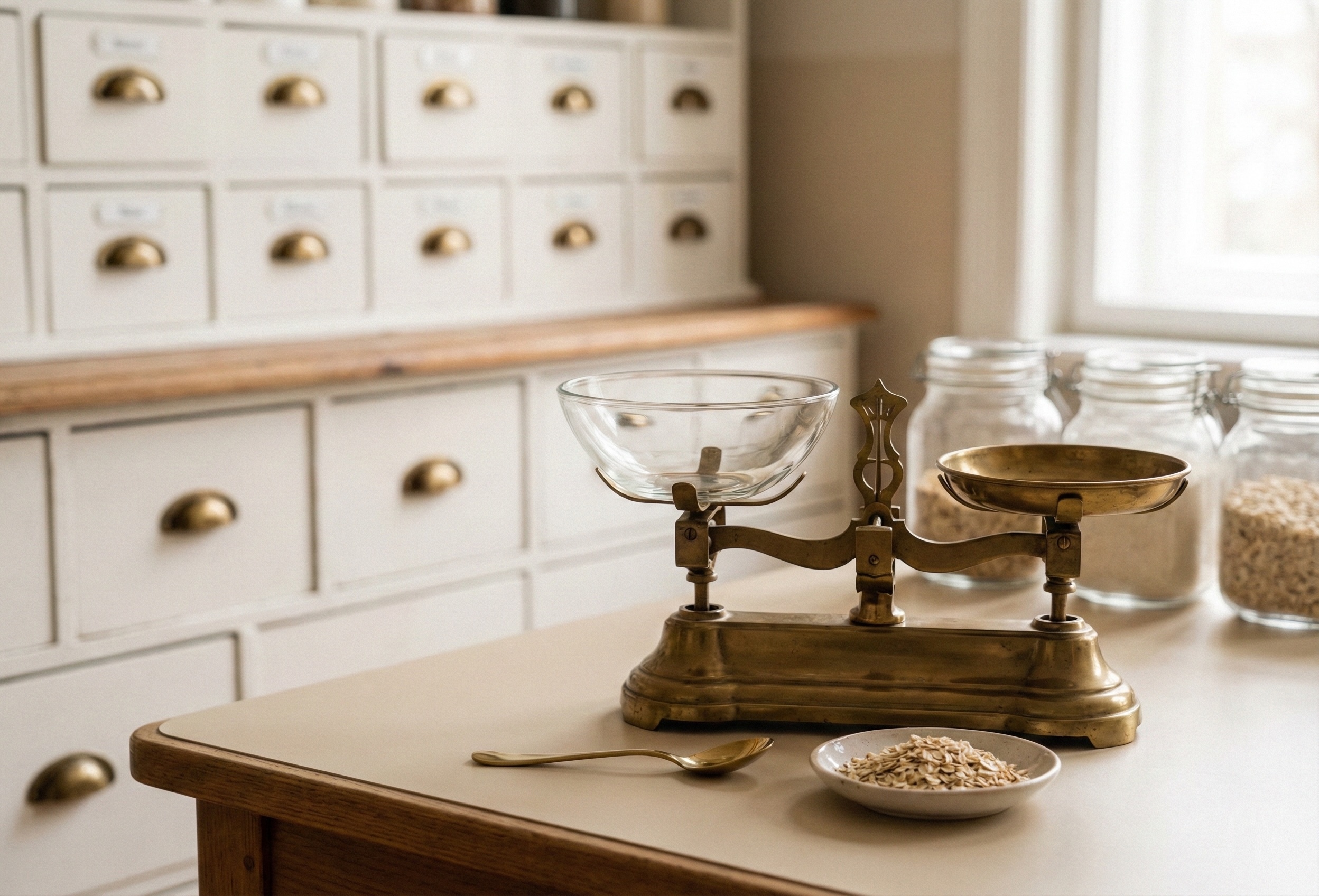 真鍮のアナログ計量スケールとガラスボウルが置かれた、食品調合のテーブル