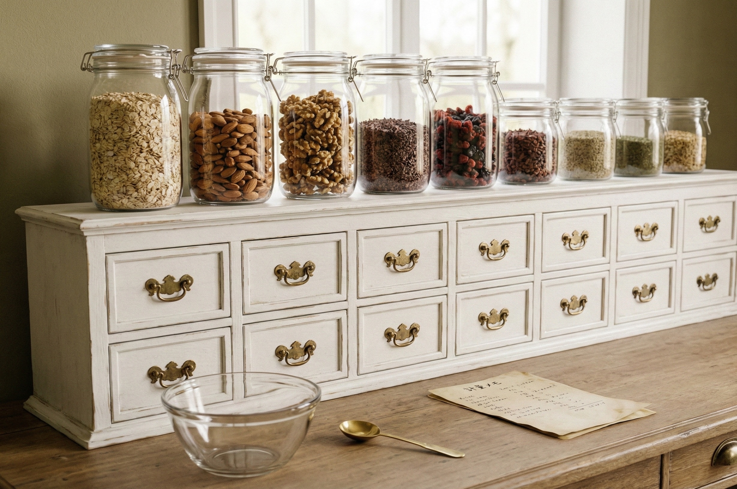 白いキャビネットとガラスジャーに入った素材が並ぶ、食品を調合するアポセカリーのようなワークテーブル